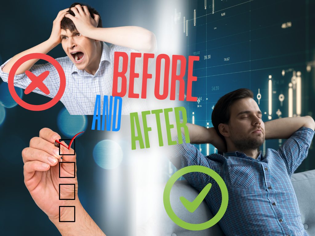 The left hand side shows a frustrated man showing signs of anger because he made forex mistakes, The right hand side shows a calm and collective man because he has fixed the forex mistakes